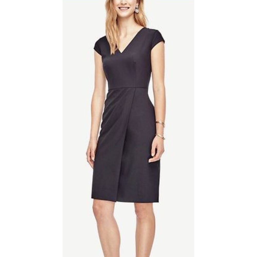 Ann Taylor Black Wool Blend V-Neck Cap Sleeve Faux Wrap Sheath Dress Size 4 NWT